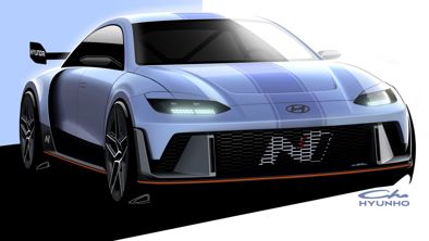 Skitse af konceptbilen RN22e fra Hyundai set forfra.