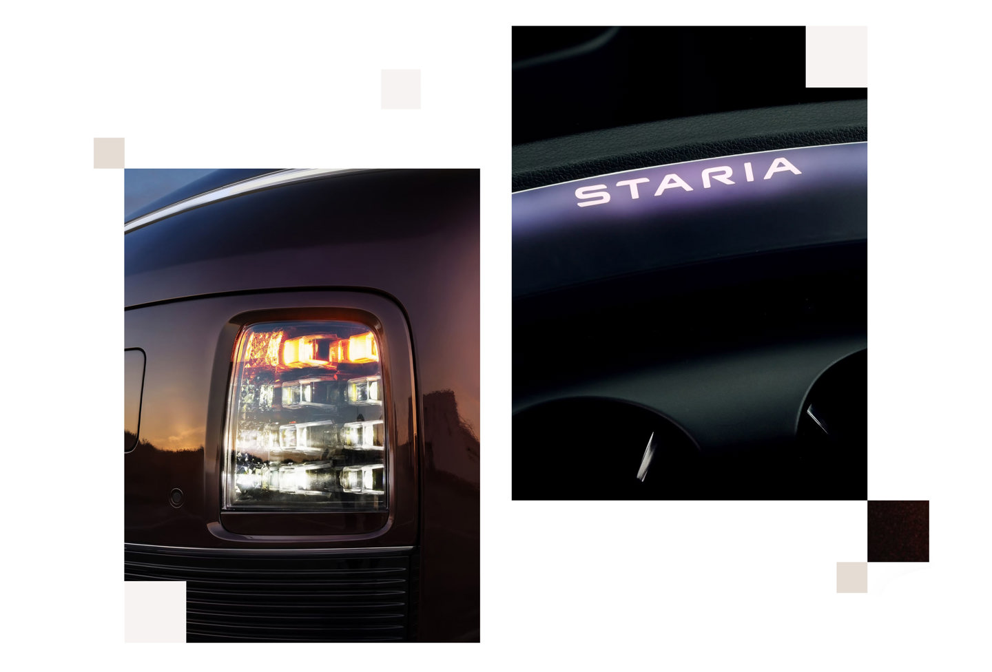 Nærbillede af en bils baglygte til venstre og ordet STARIA oplyst på et instrumentbræt til højre.