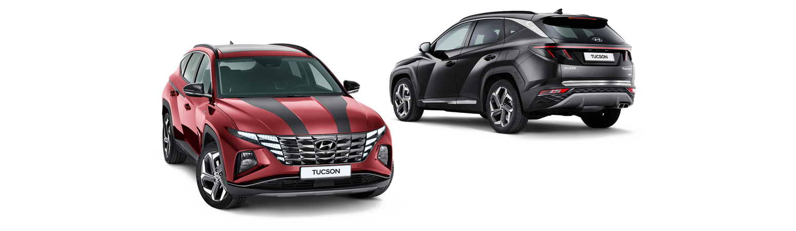 Hyundai TUCON i Sunset Red med sportsstriber og Hyundai TUCSON i Phantom Black