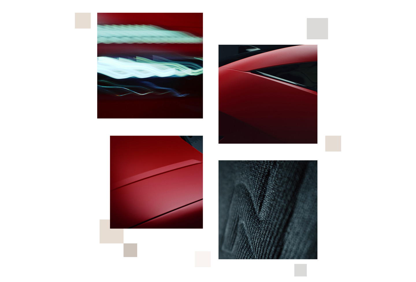 Fire abstrakte nærbilleder: lys i blød fokus, en rød bildetalje, en blank rød biloverflade og diagonalt mønstret gråt stof.