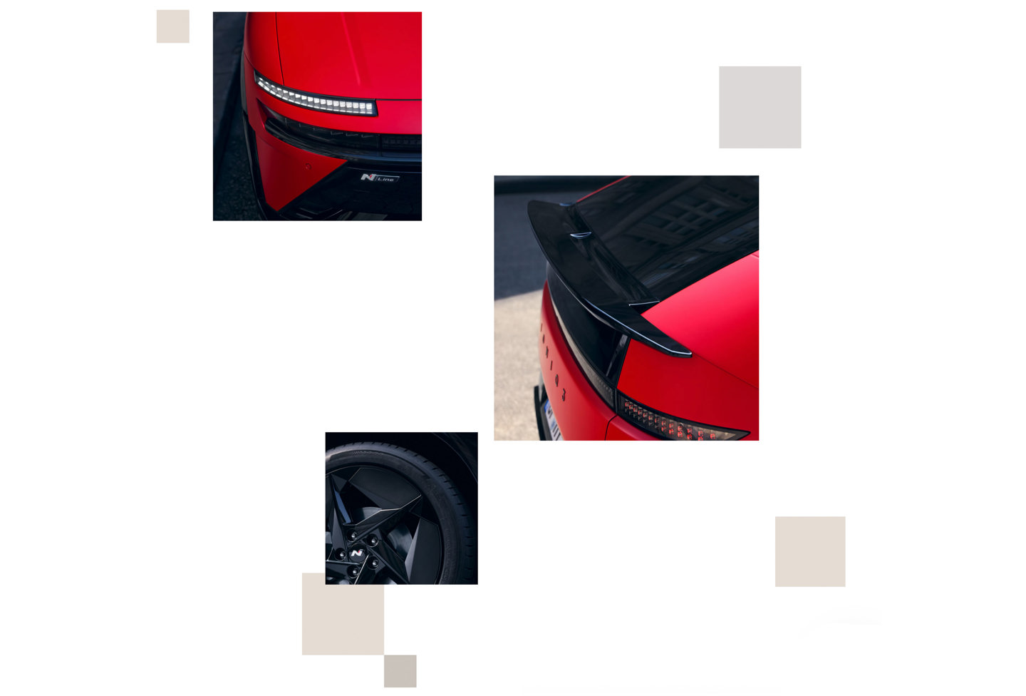 Nærbilleder af en rød bil med bagskærm, baglygte og sort alufælge i en collage med geometriske accenter.