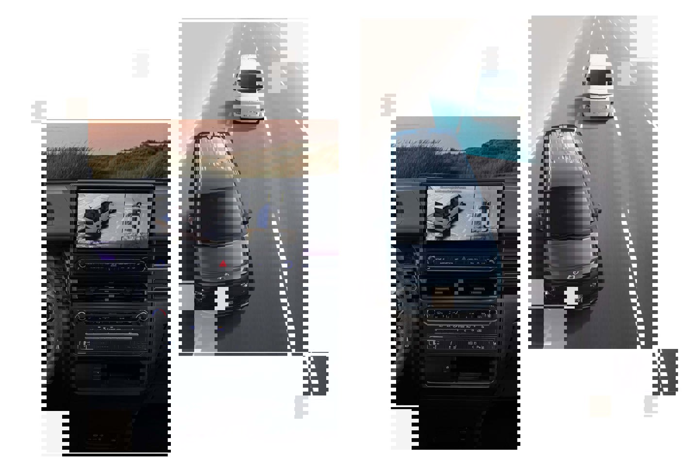 Luftfoto af flere biler, der kører på en motorvej, med digitale glitch-effekter, der forvrænger billedet i diagonale linjer.