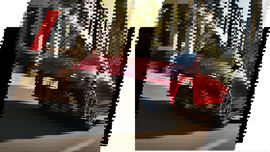 To sportslige biler kører på en gade i byen med kraftig digital forvrængning og glitch-effekter, der slører billedet.