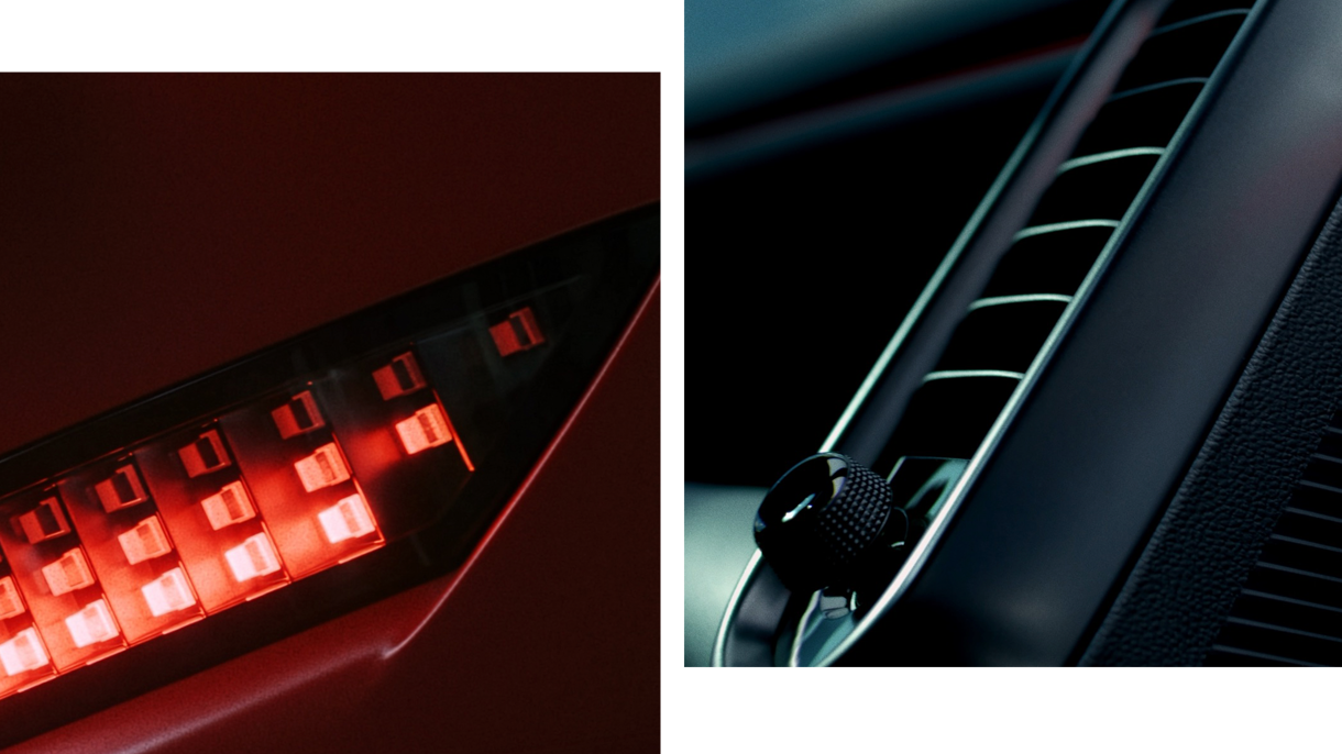 Nærbillede af en bils røde LED-baglygte til venstre og instrumentbrættets udluftningsventil med betjeningsknap til højre.