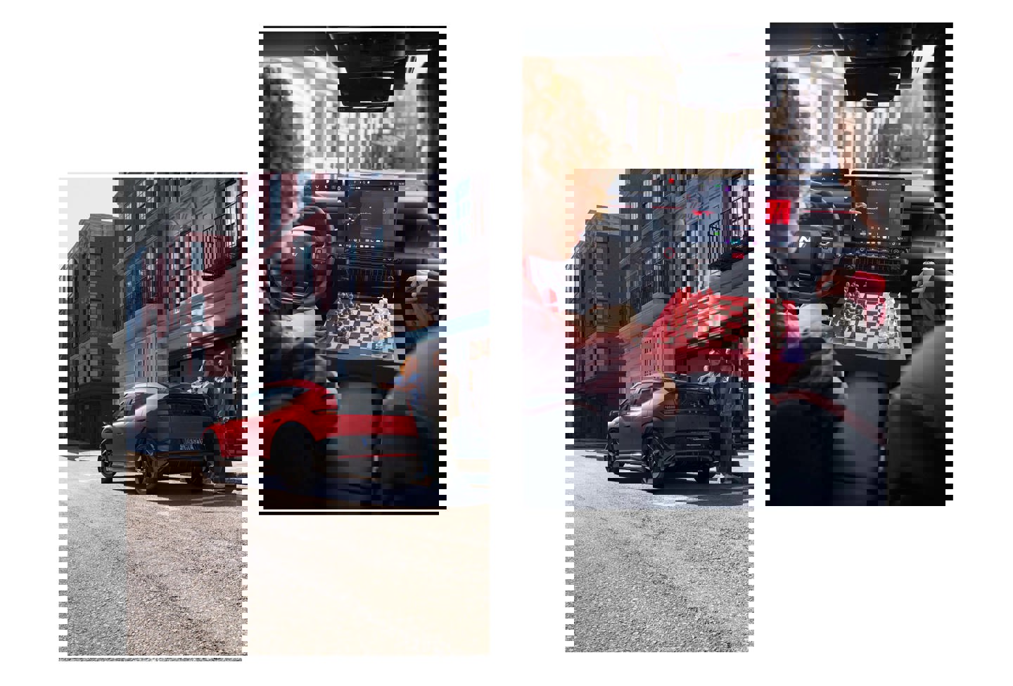 To moderne glasskyskrabere står side om side under en blå himmel, hvor det ene tårn er markant højere end det andet.