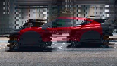 En lille bil er parkeret bag metalstænger med vandrette grønne linjer i forgrunden.